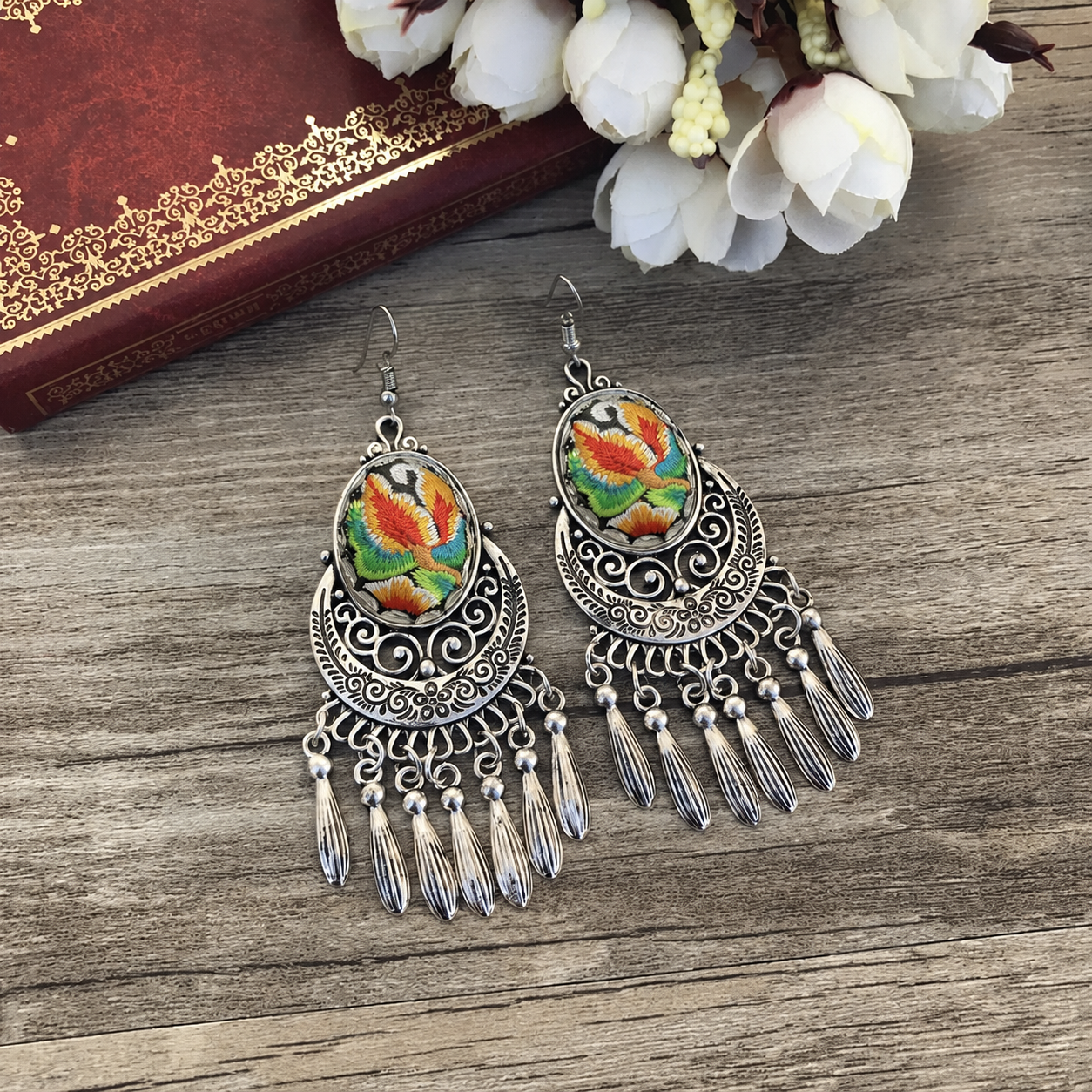 Golden Moon Curve-17 hand-embroidered Miao-inspired earrings with crescent-moon curve