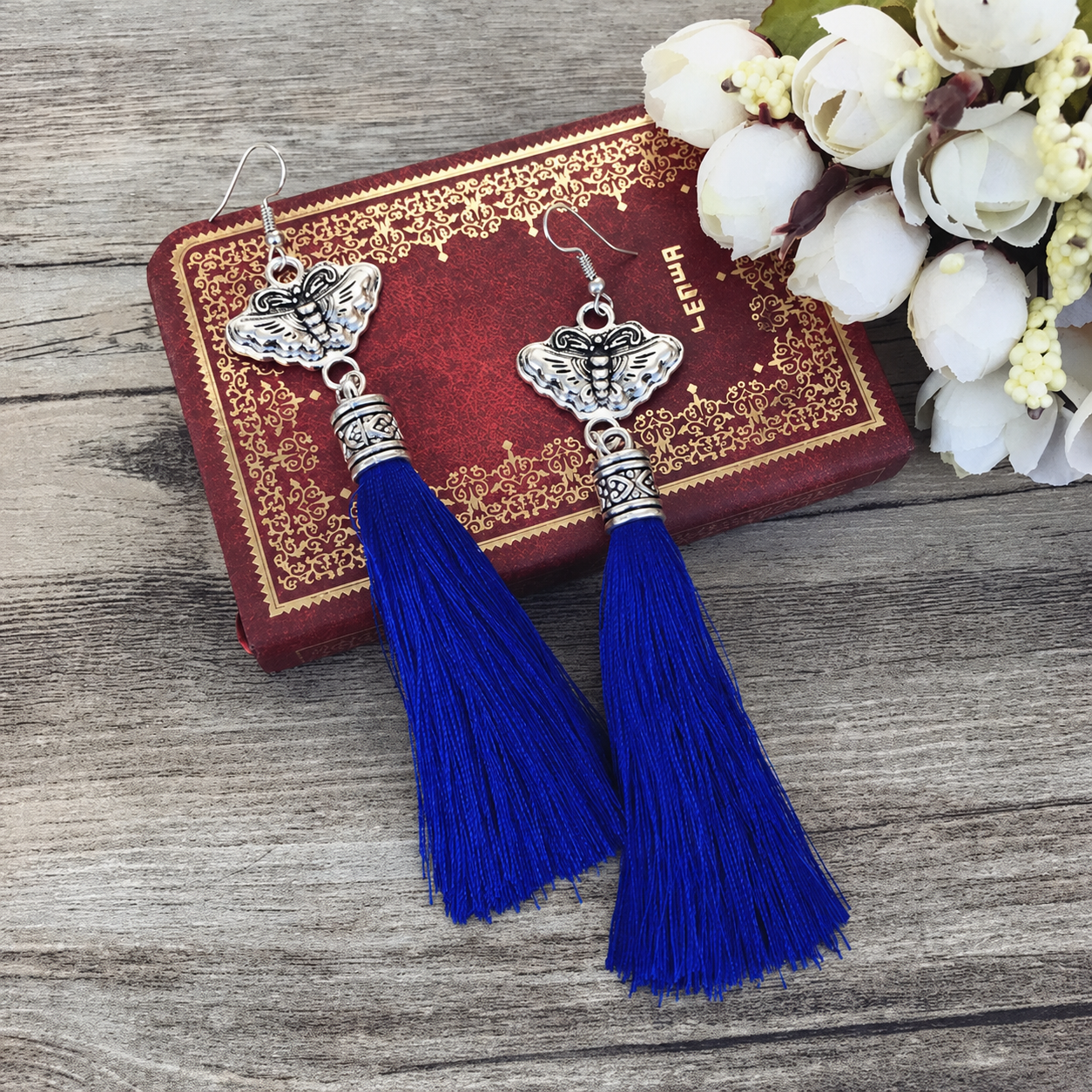 Sapphire Butterfly Song-5 hand-embroidered Miao-inspired earrings with butterfly tassel