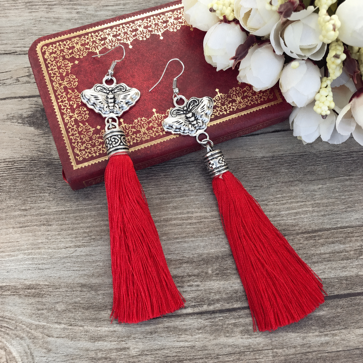 Crimson Butterfly Wish-6 hand-embroidered Miao-inspired earrings with butterfly tassel