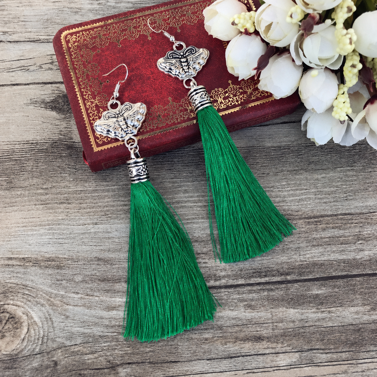 Emerald Butterfly Valley-7 hand-embroidered Miao-inspired earrings with butterfly tassel