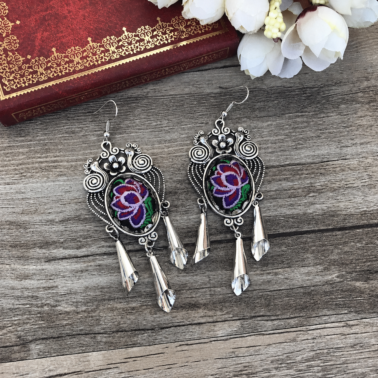 Plum Peacock Bloom-8 hand-embroidered Miao-inspired earrings with peacock flower