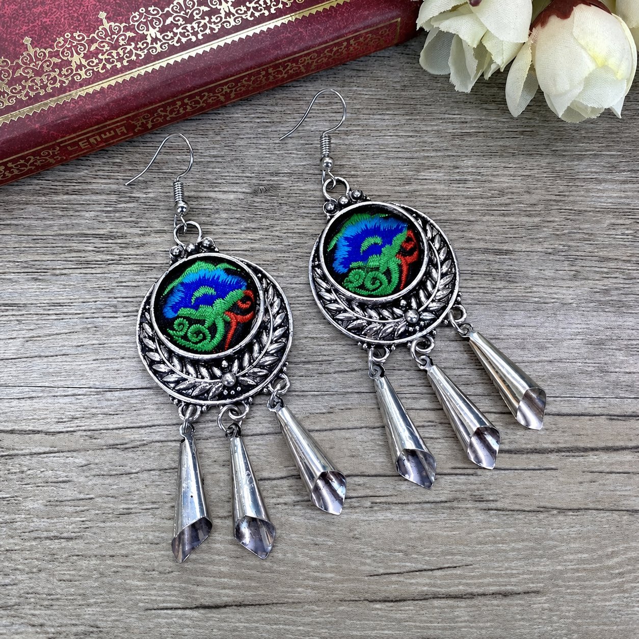 Harvest Moon Circle-12 hand-embroidered Miao-inspired earrings with round wheat-ear circle