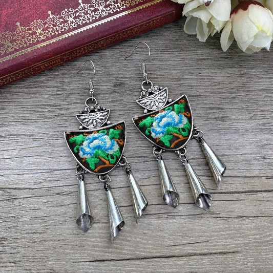 Twin Moon Memory-13 hand-embroidered Miao-inspired earrings with double half-moon shape