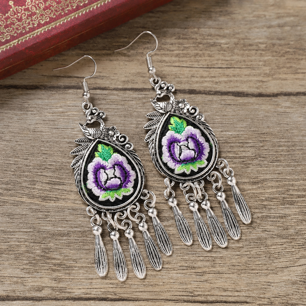Violet Peacock Drop-16 hand-embroidered Miao-inspired earrings with peacock water-drop