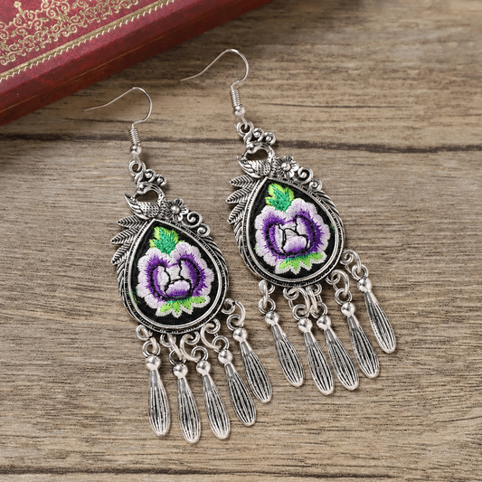 Violet Peacock Drop-16 hand-embroidered Miao-inspired earrings with peacock water-drop