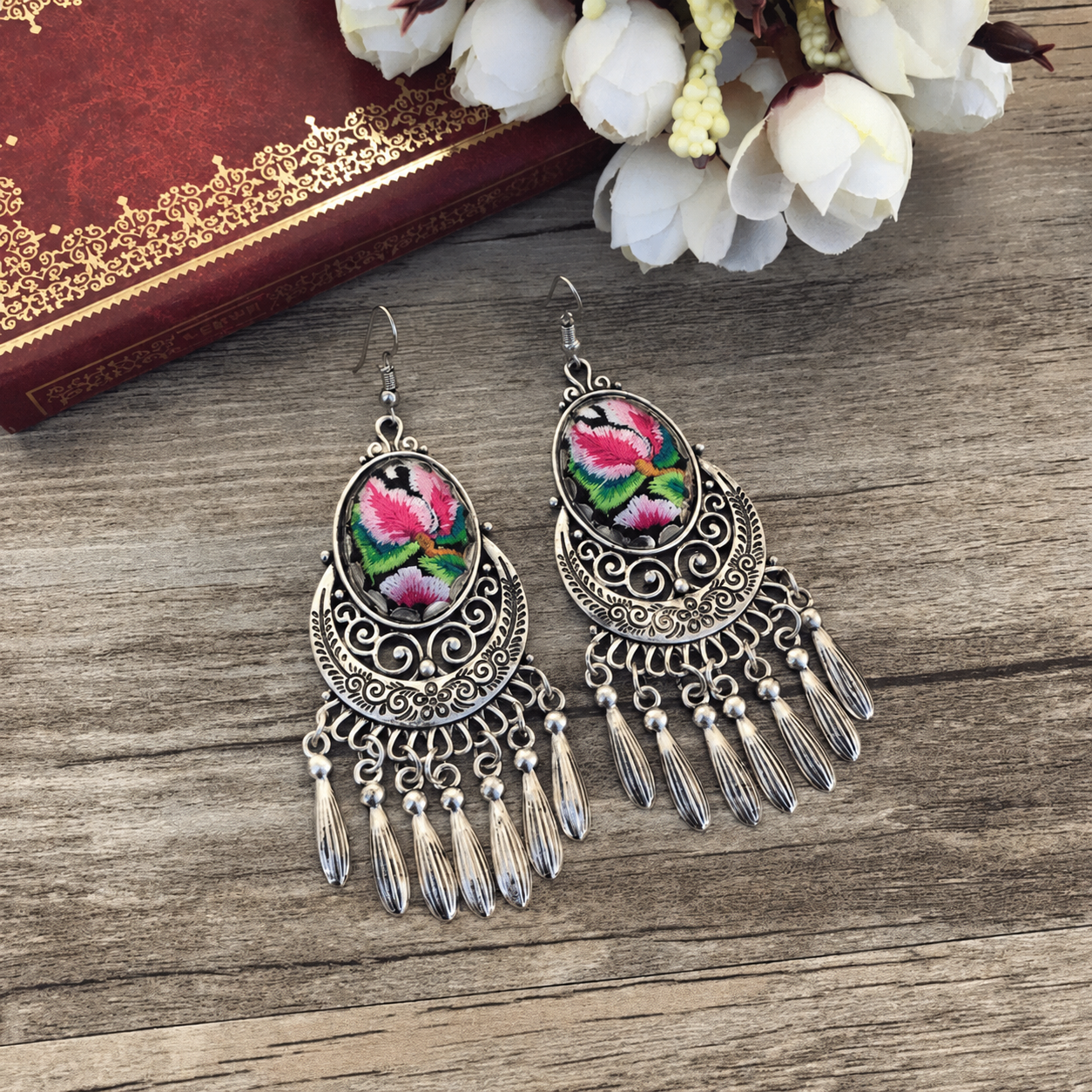 Crimson Moon Curve-18 hand-embroidered Miao-inspired earrings with crescent-moon curve