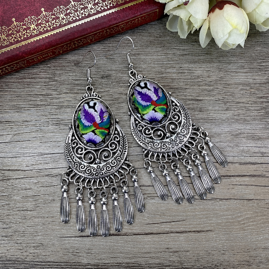 Violet Moon Curve-19 hand-embroidered Miao-inspired earrings with crescent-moon curve