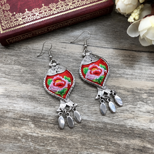 Peony Fish Blessing-20 hand-embroidered Miao-inspired earrings with fish and red peony