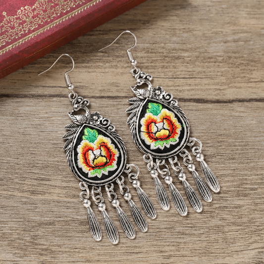 Golden Peacock Drop-27 hand-embroidered Miao-inspired earrings with peacock water-drop