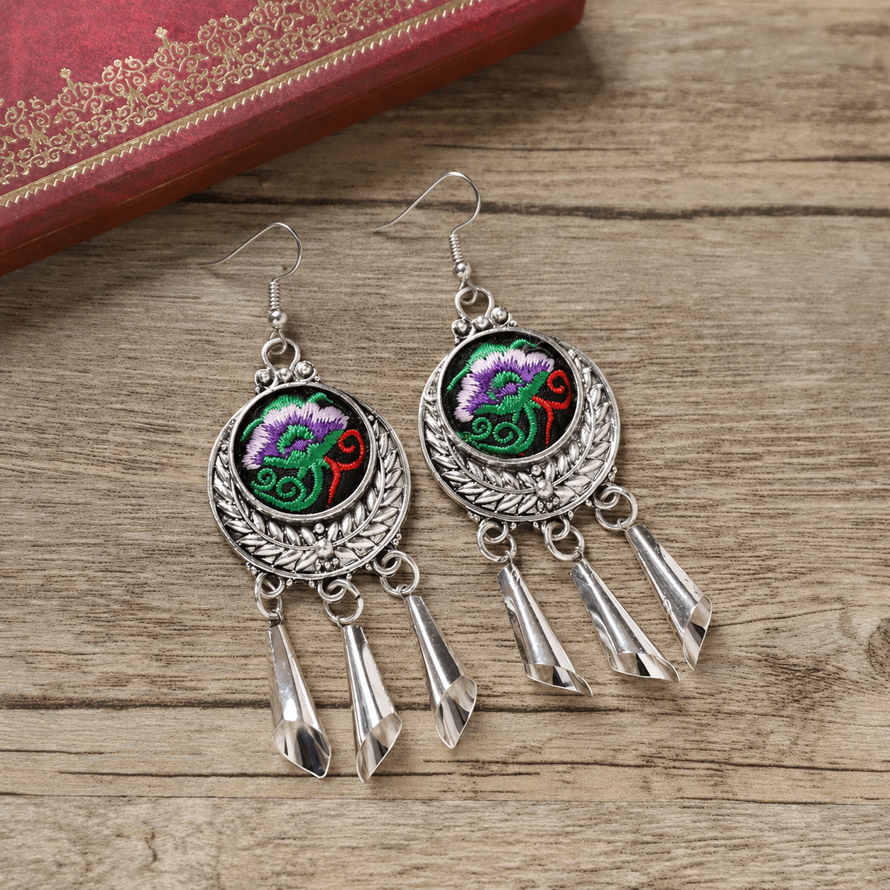 Violet Harvest Circle-29 hand-embroidered Miao-inspired earrings with round wheat-ear circle