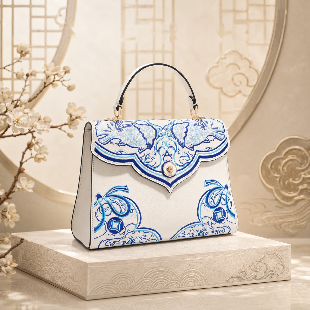 Azure Reverie - B01 fully hand-embroidered moonlight white and blue Chinese-inspired top-handle handbag