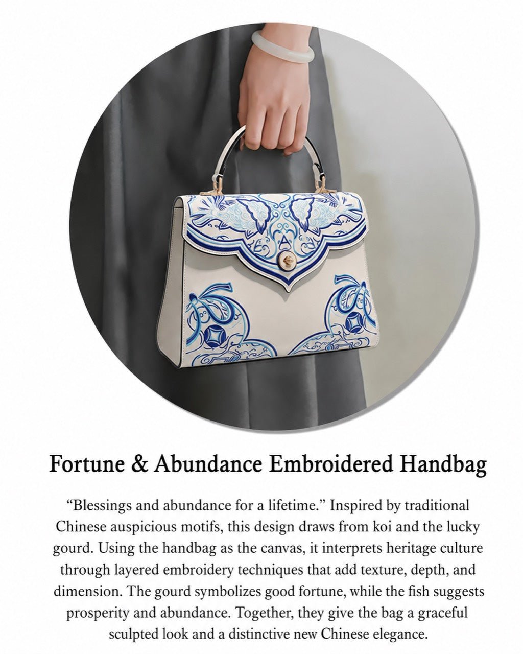 Azure Reverie - B01 fully hand-embroidered Chinese-inspired handbag shown handheld