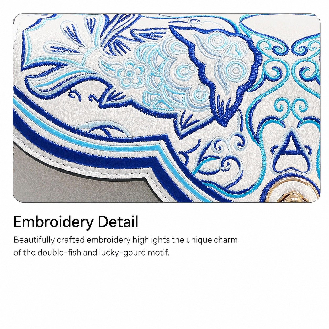 Azure Reverie - B01 fully hand-embroidered blue koi and lucky-gourd embroidery detail