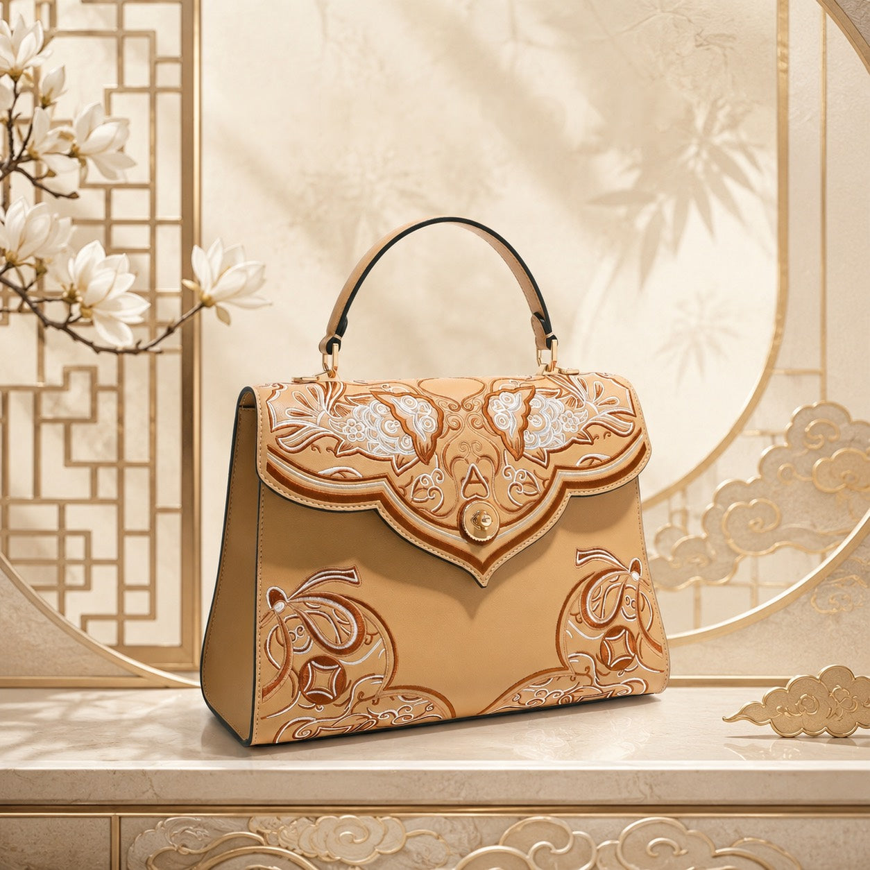 Golden Serenity - B02 fully hand-embroidered khaki beige Chinese-inspired top-handle handbag