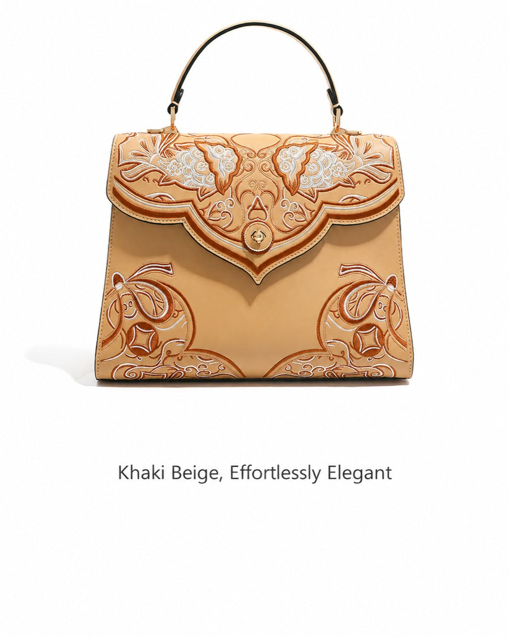Golden Serenity - B02 fully hand-embroidered khaki beige handbag front color view
