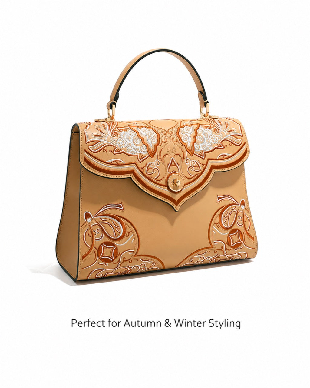 Golden Serenity - B02 fully hand-embroidered Chinese-inspired handbag for autumn and winter styling