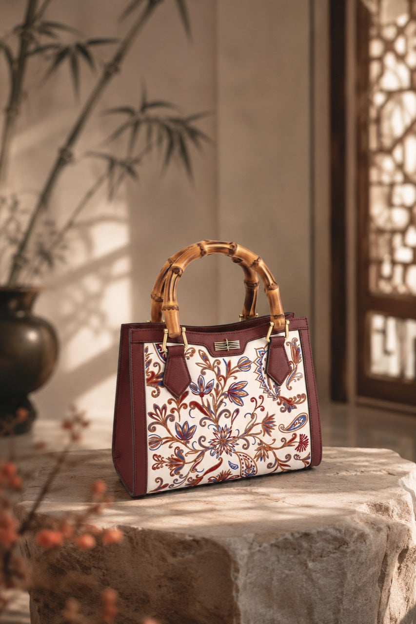 Bamboo Reverie - F02 fully hand-embroidered Vermilion Bamboo bamboo top-handle handbag