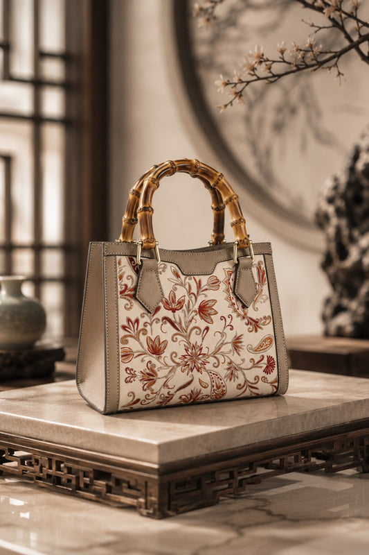 Bamboo Reverie - F01 fully hand-embroidered Bamboo Shadow Mocha bamboo top-handle handbag