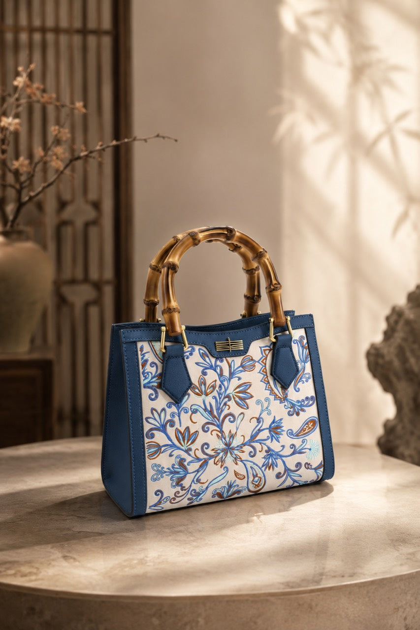 Bamboo Reverie - F03 fully hand-embroidered Rainwashed Blue bamboo top-handle handbag