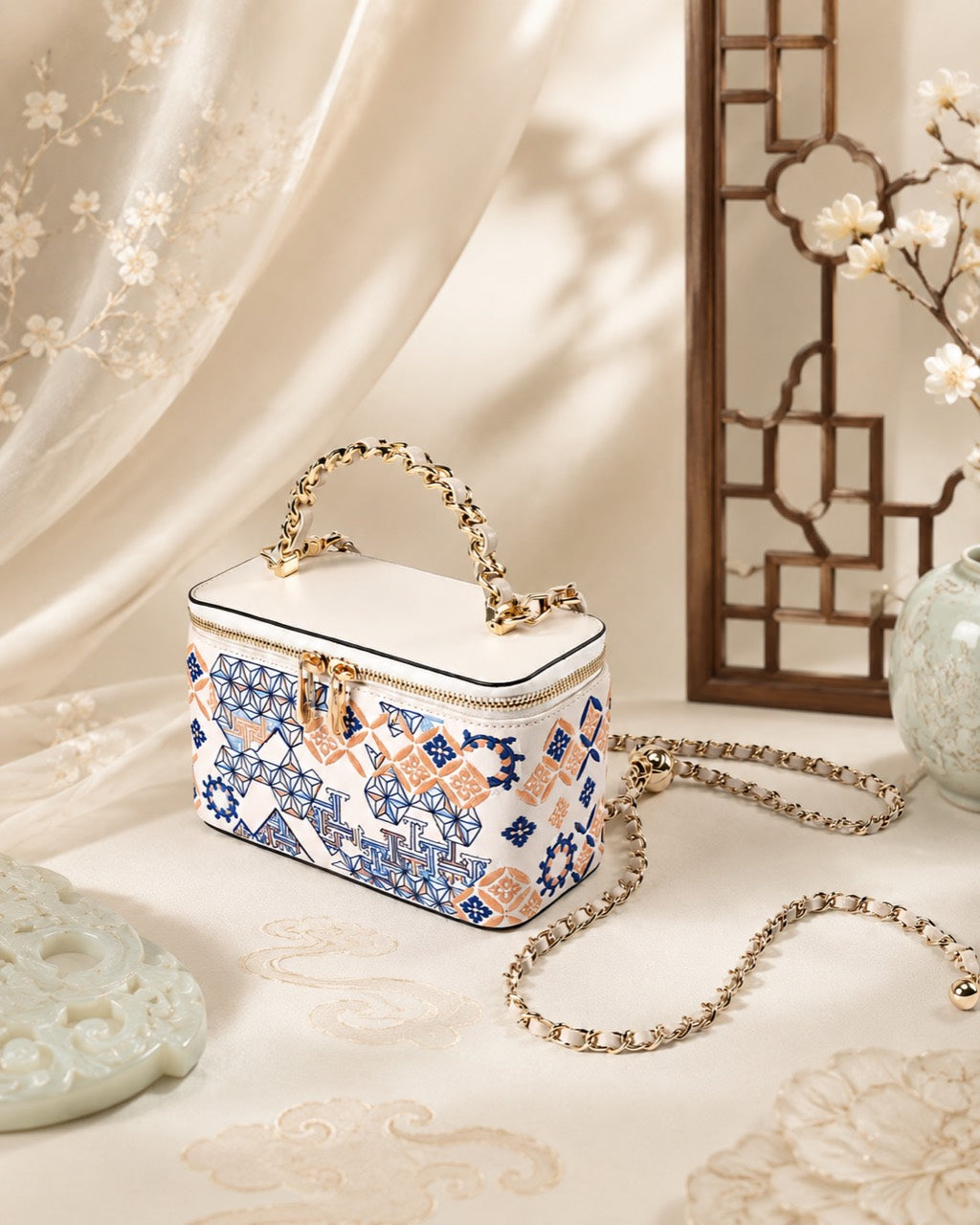 Jade Loom - G01 fully hand-embroidered Moonlit Jade white Chinese-inspired geometric box bag