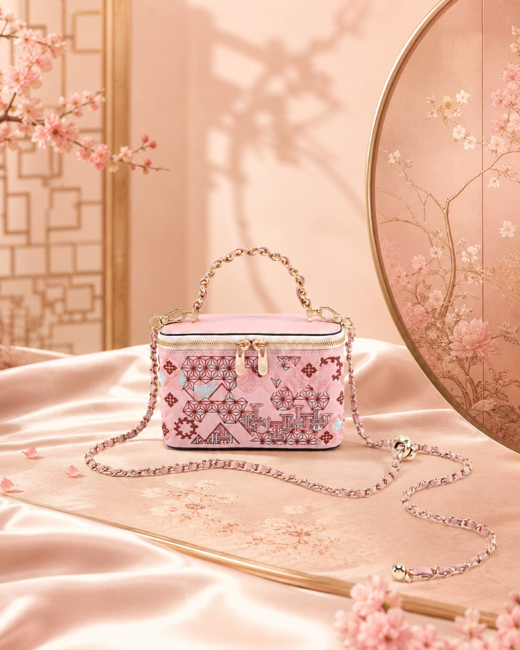 Jade Loom - G02 fully hand-embroidered Peach Blossom Jade pink Chinese-inspired geometric box bag