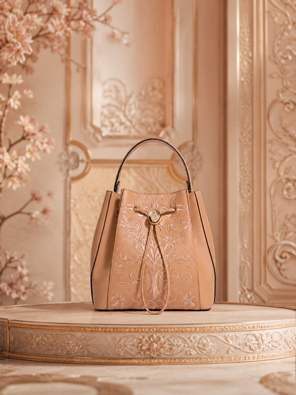 Phoenix Crown Reverie - C03 fully hand-embroidered Amber Crown Chinese-inspired bucket bag