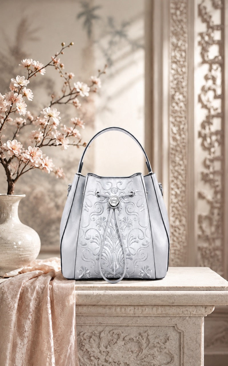Phoenix Crown Reverie - C05 fully hand-embroidered Silver Crown Chinese-inspired bucket bag