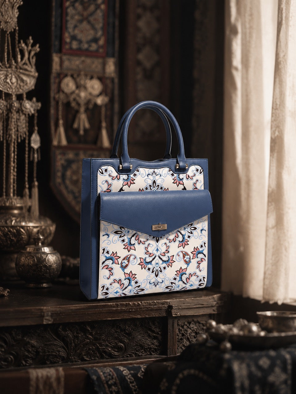 Golden Brocade - E03 fully hand-embroidered Indigo Court Chinese-inspired brocade handbag