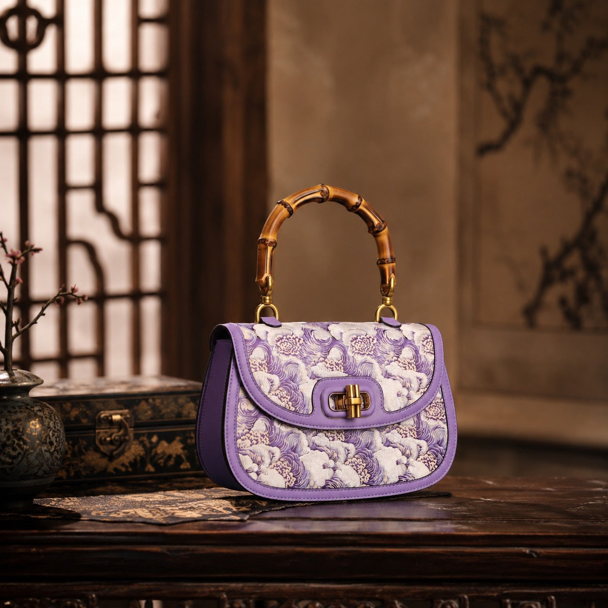 Peony Brocade - E05 fully hand-embroidered Lavender Peony Tide Chinese-inspired brocade handbag