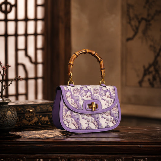 Peony Brocade - E05 fully hand-embroidered Lavender Peony Tide Chinese-inspired brocade handbag