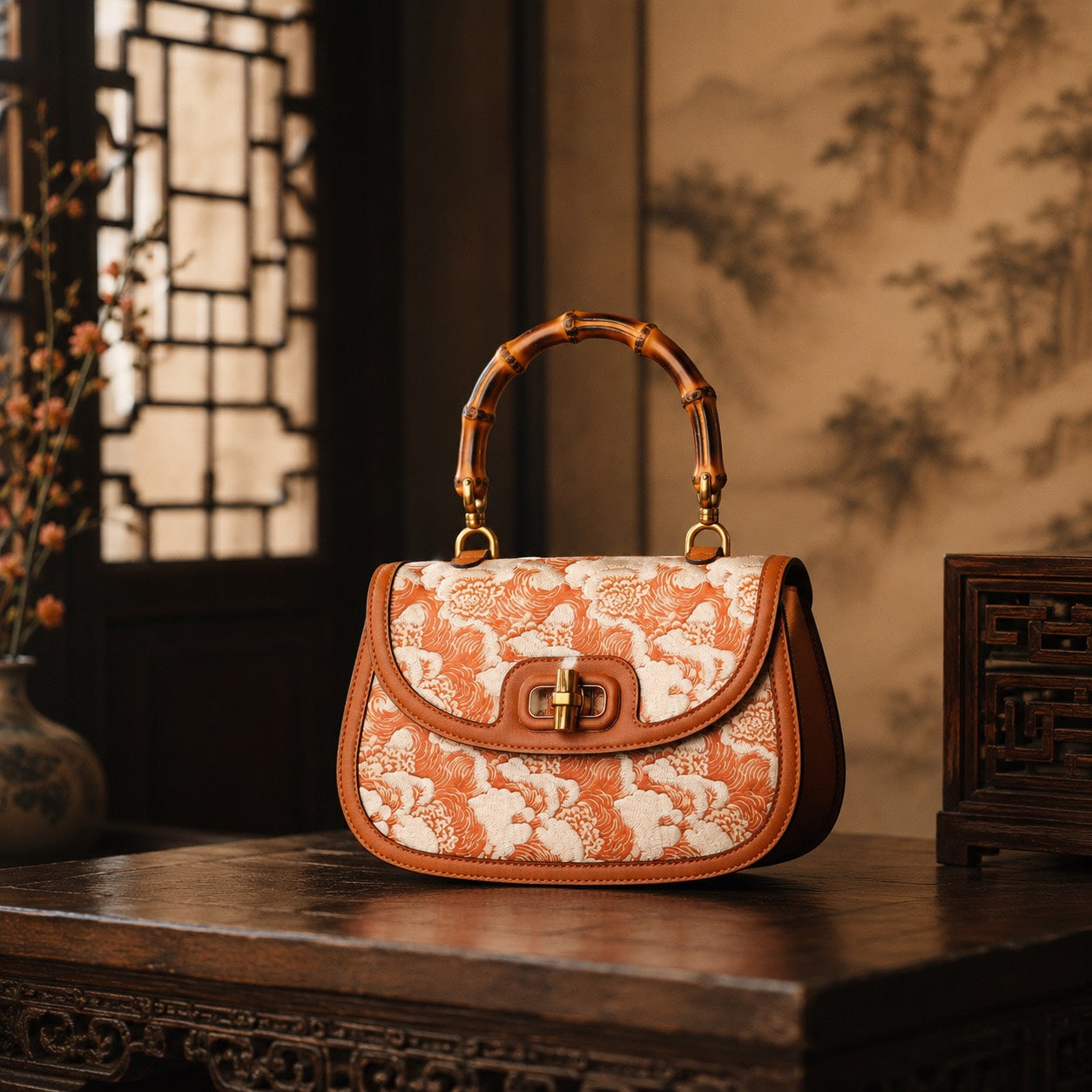 Peony Brocade - E06 fully hand-embroidered Amber Peony Tide Chinese-inspired brocade handbag