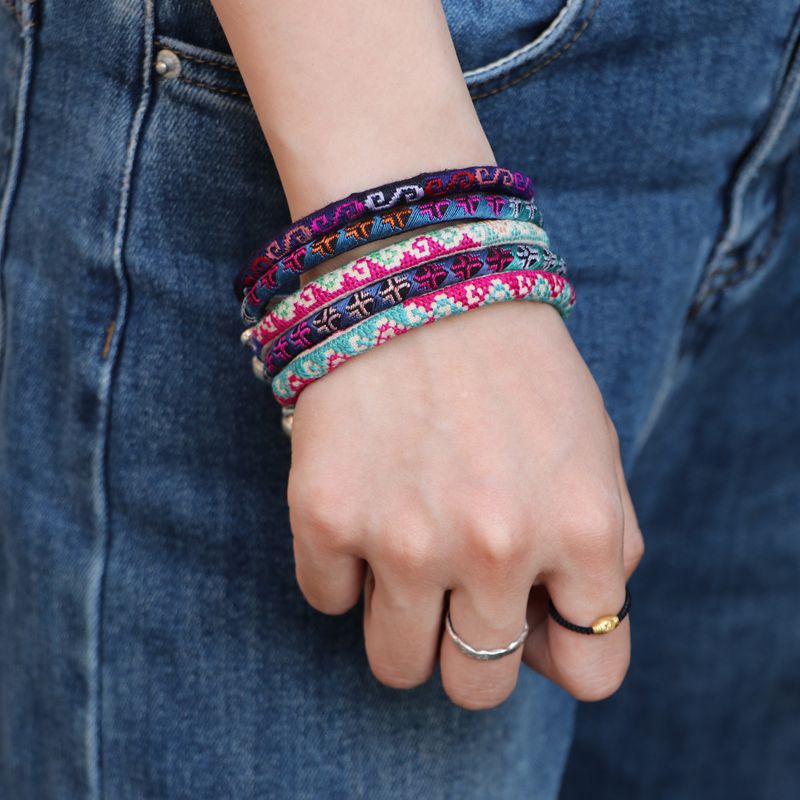 Festival Thread Bell colorful Miao-inspired embroidered bangle with silver-tone bell accents