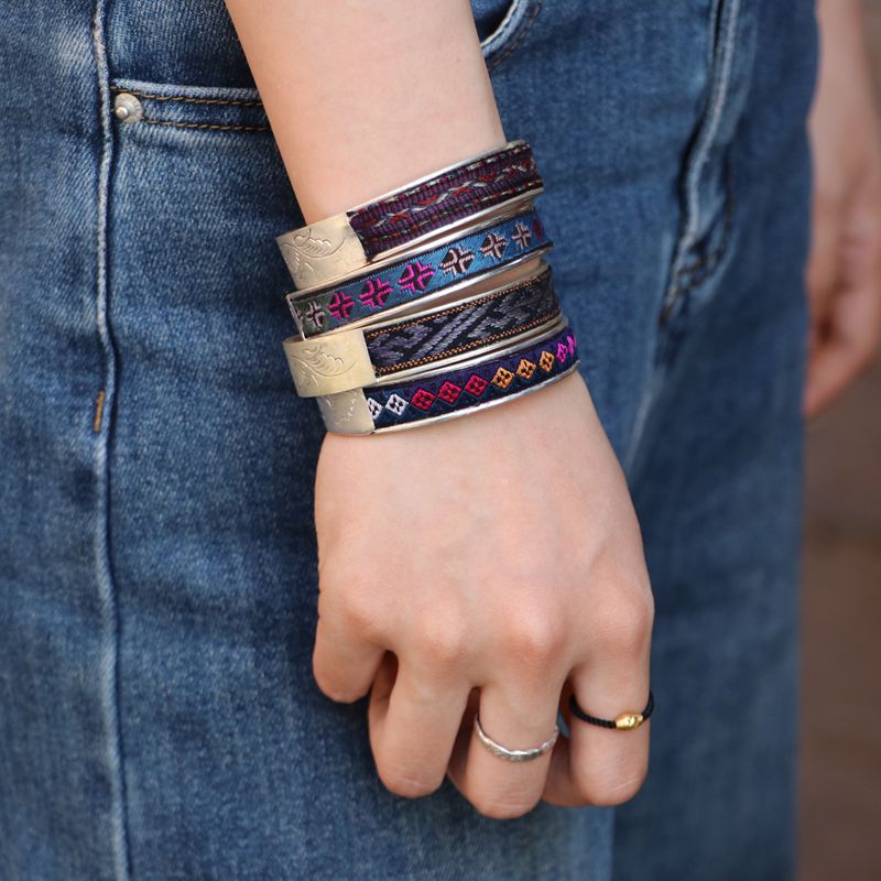 Mountain Loom Path wide Miao-inspired embroidered cuff bangle with silver-tone details