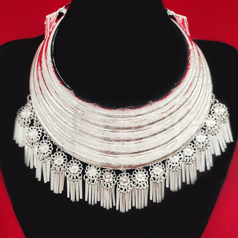Festival Fringe Miao Collar 002 Miao-inspired electroplated silver collar necklace main photo without measurement lines