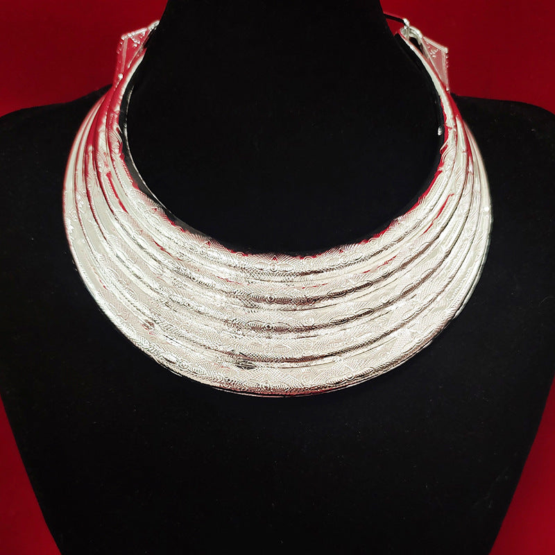Moonlit Five Ring Miao Collar 003 Miao-inspired electroplated silver collar necklace main photo without measurement lines