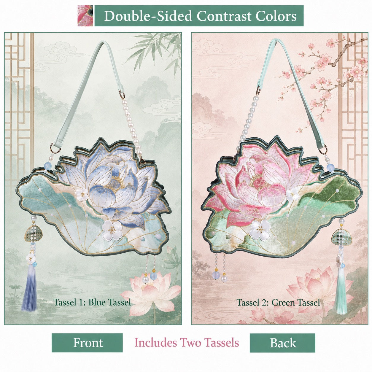 Lotus Whisper double-sided lotus embroidery shoulder bag with blue front and pink reverse