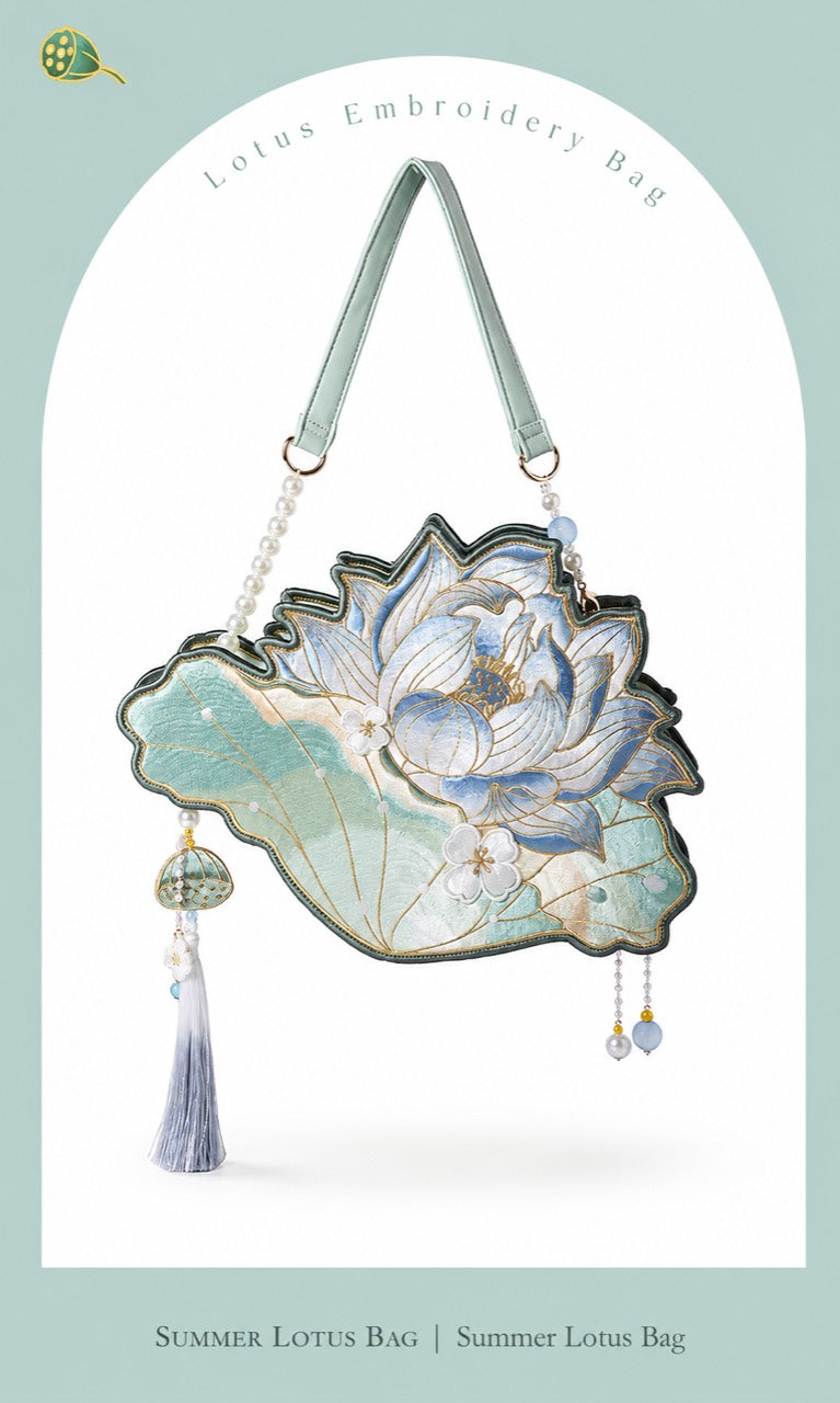 Lotus Whisper blue lotus embroidery shoulder bag product view on pale green background