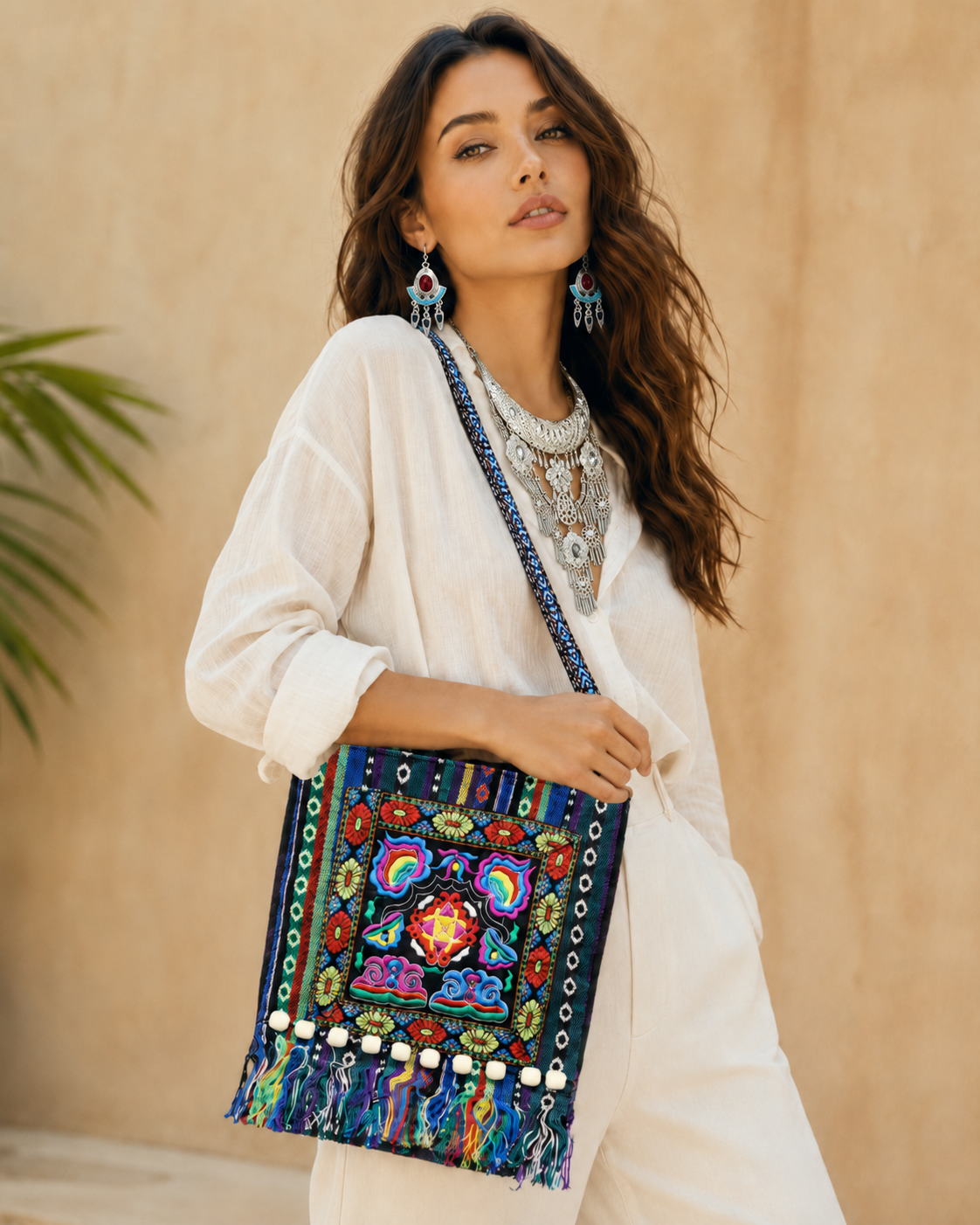 B04 Black Elephant Miao Crossbody Bag with ethnic embroidery