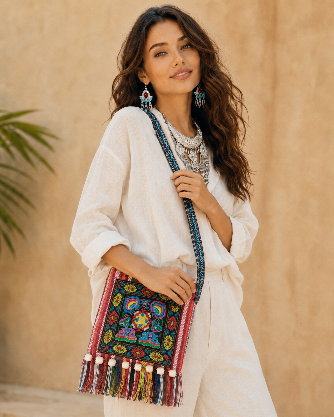 B05 Red Floral Miao Crossbody Bag with bright embroidered pattern