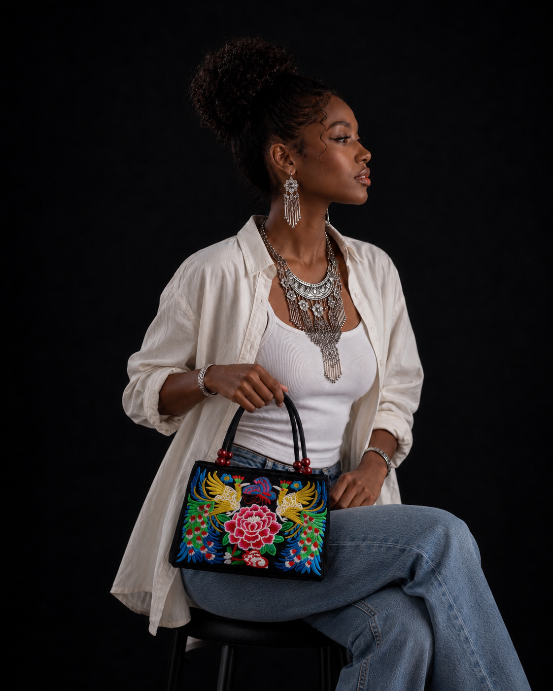C03 Twin Peony embroidered handbag