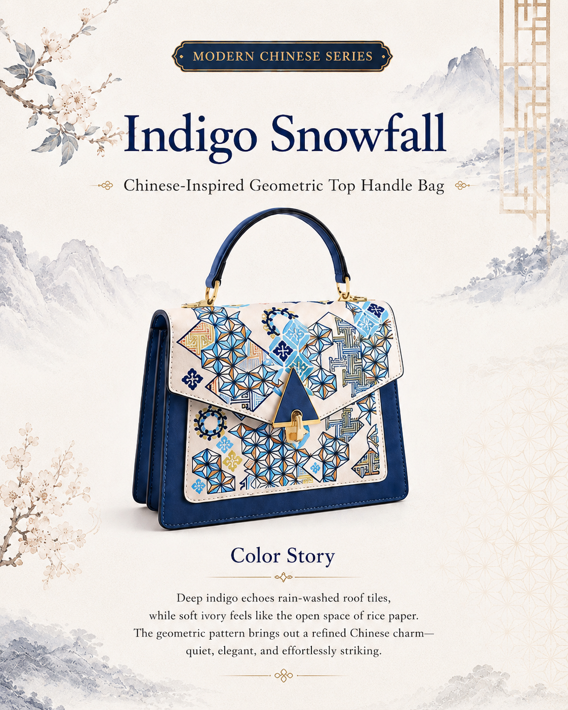 Indigo Snowfall Chinese-inspired geometric top handle bag cover - D01