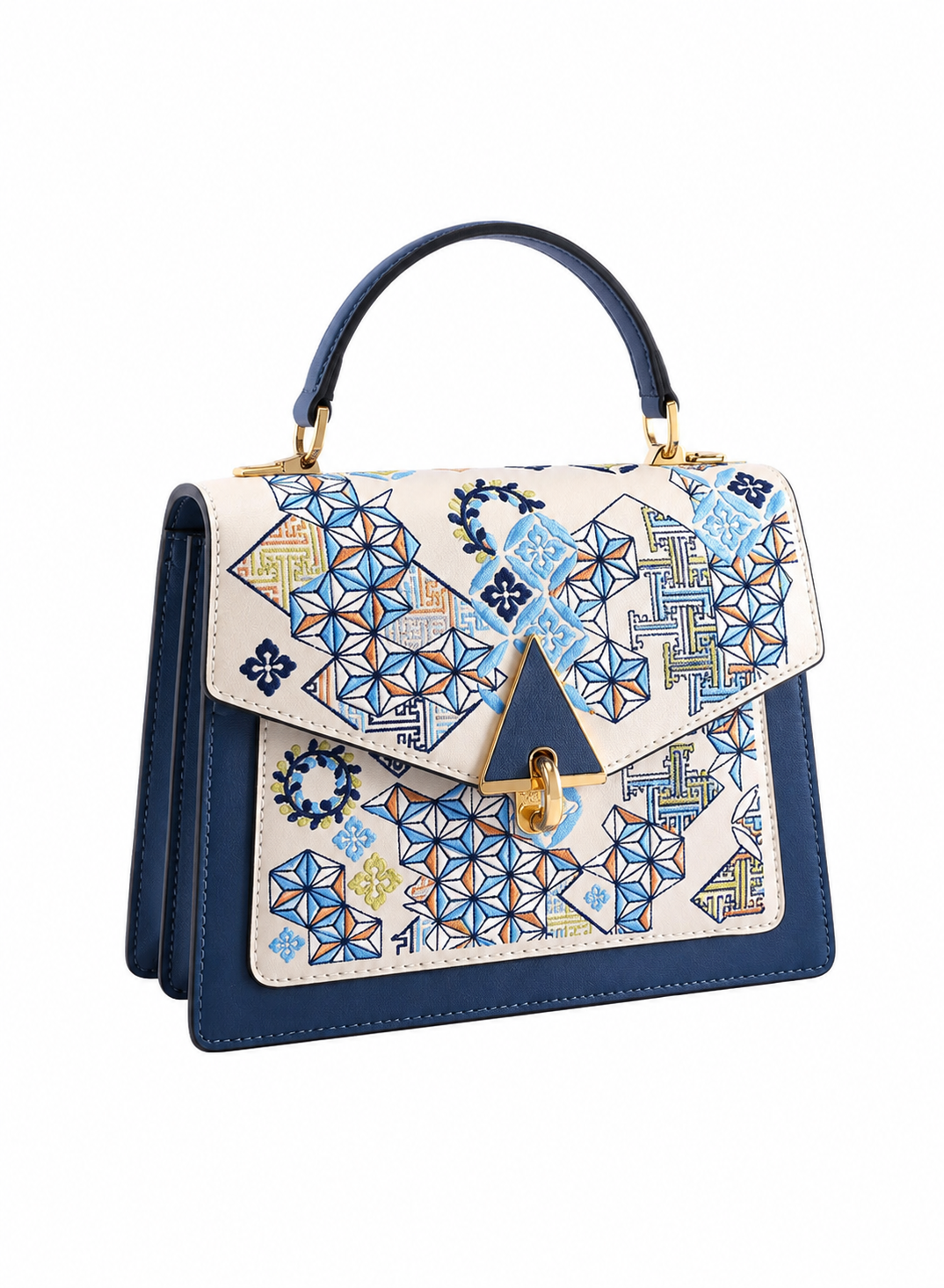 Indigo Snowfall fully hand-embroidered indigo and ivory bag - D01
