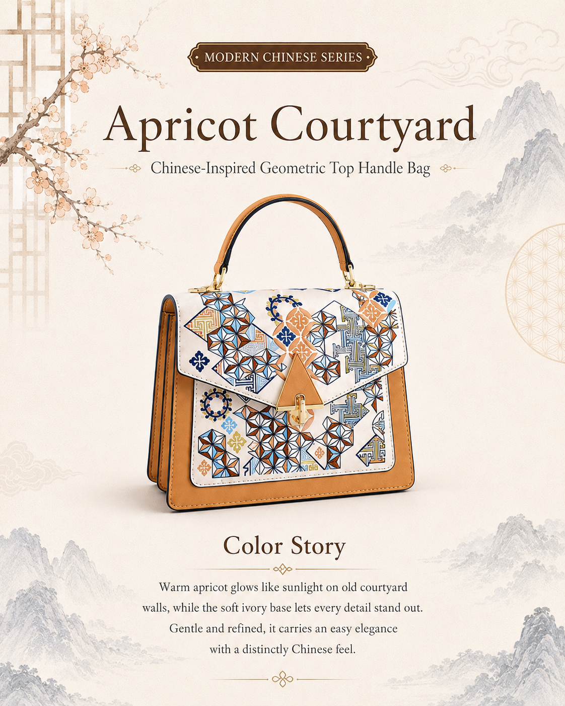 Apricot Courtyard Chinese-inspired geometric top handle bag cover - D02