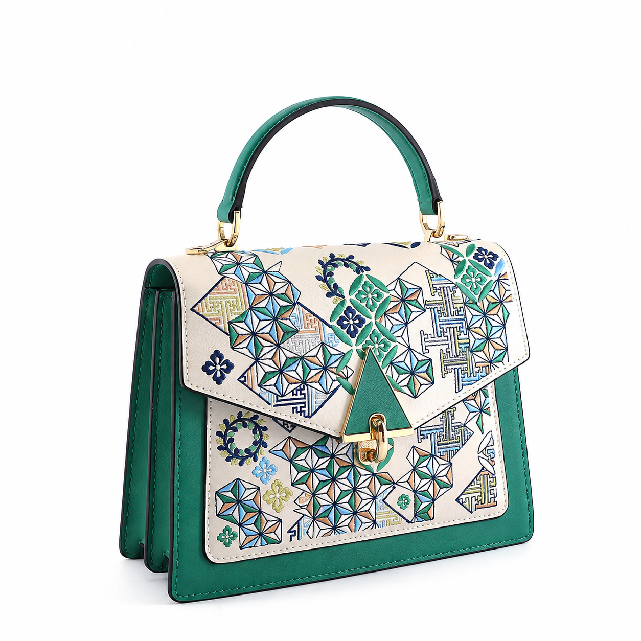Jade Lotus Breeze fully hand-embroidered jade green and ivory bag - D03