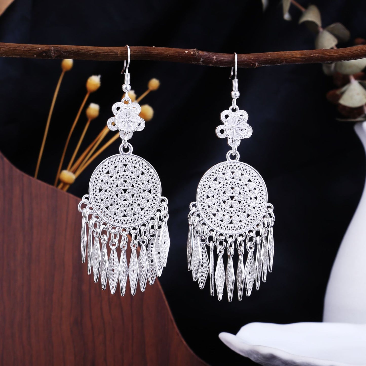 Dawn Memory Bloom-E2031-2 Miao-inspired earrings with Chinese-inspired cultural detail