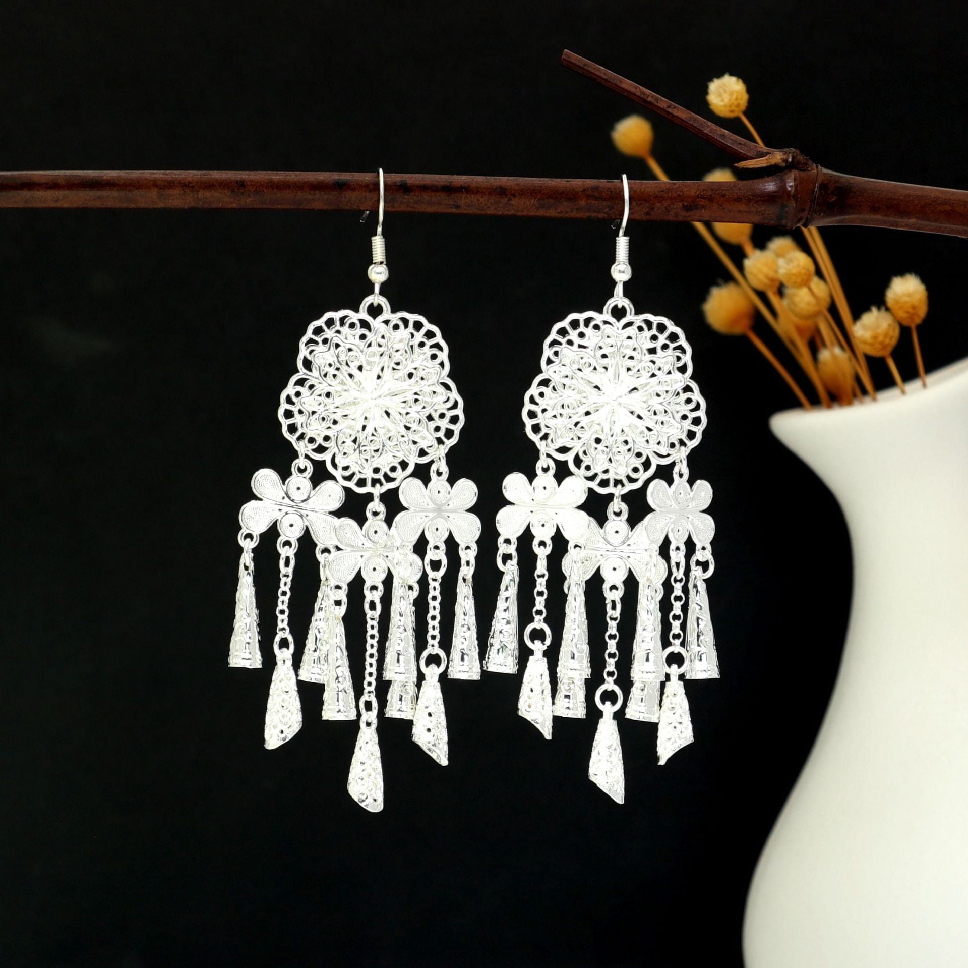 Dawn Silk Road-E4615-1 Miao-inspired earrings with Chinese-inspired cultural detail