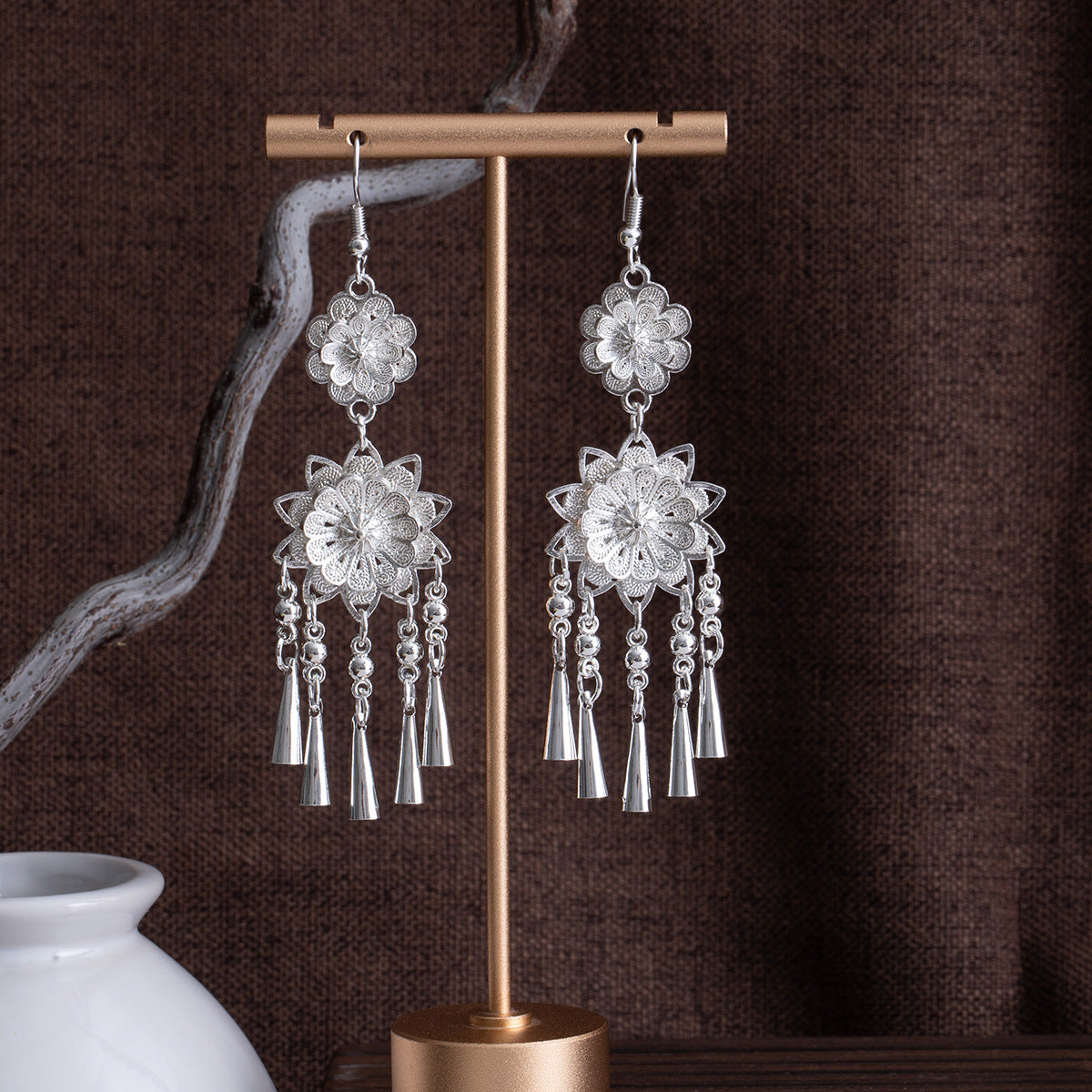 Garden Courtyard Bloom-E4777 Miao-inspired earrings with Chinese-inspired cultural detail