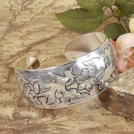 Garden Peony Cuff-K9034 Miao-inspired open cuff bangle with blooming peony relief