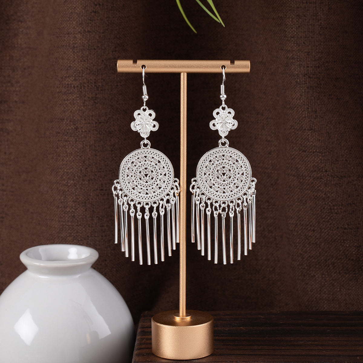 Garden Rain Pearl-E5216 Miao-inspired earrings with Chinese-inspired cultural detail