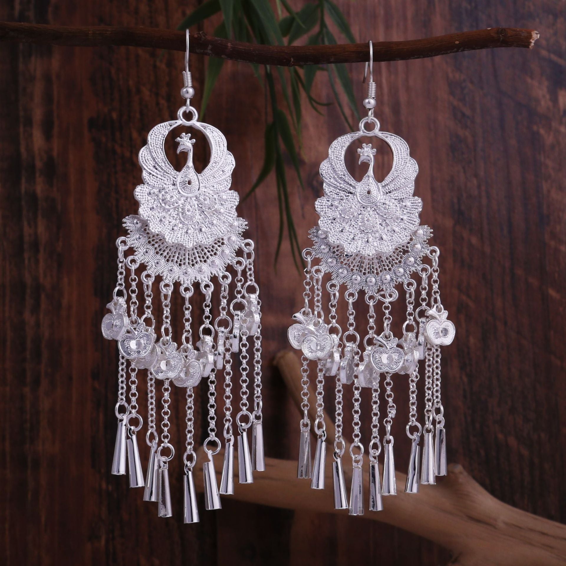 Garden Silver Bell-E4580-1 Miao-inspired earrings with Chinese-inspired cultural detail